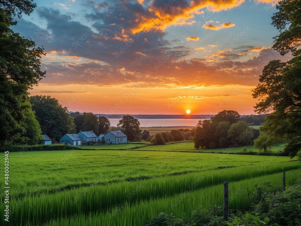 Obraz premium Golden Sunset Over Peaceful Countryside Farm and Green Fields