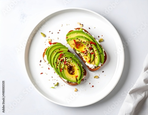 Avocado toast with creamy spread, chili flakes, seeds. Healthy and delicious breakfast