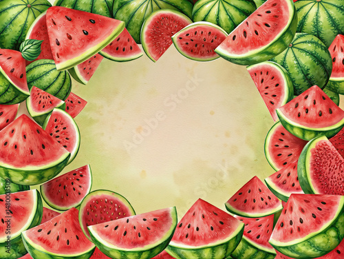 Frame for text, background of fresh juicy watermelons. For menu, cookbook, web design. IndependenceDay.