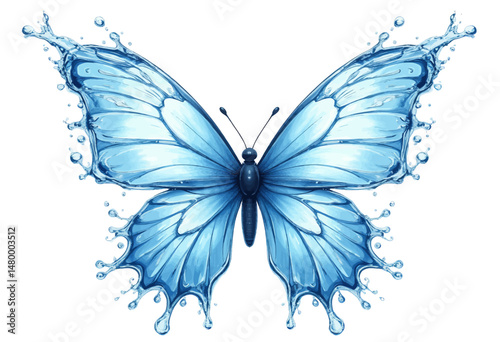 Blue Water Butterfly Serenity Splashing Drops Clear Sky