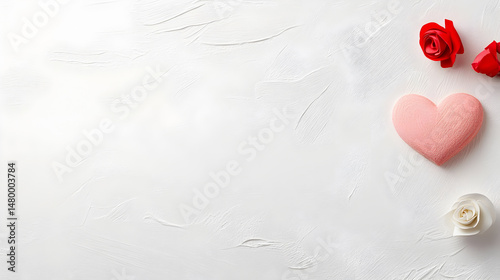 Heart-shaped decoration in soft pink color surrounded by red and white roses on a textured white background, perfect for romantic themes and celebrations. Selective focus