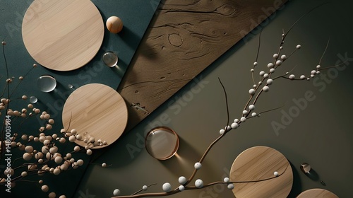 A minimalist 3D scene featuring natural materials, including wooden circles, sandstone, glass beads, and a dry branch, arranged to create a sense of depth and harmony.