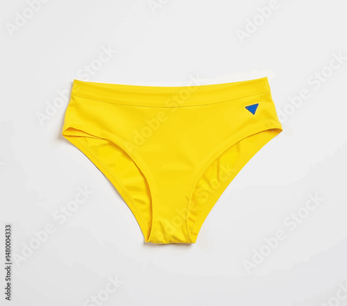 Bright Yellow Swim Bottoms with Blue Triangle Logo on Light Background