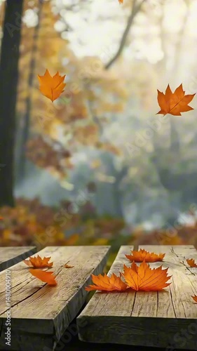 Empty wooden table made of planks against park or forest background with flying colorful autumn leaves at sunset. Beautiful autumn background mockup with space for text