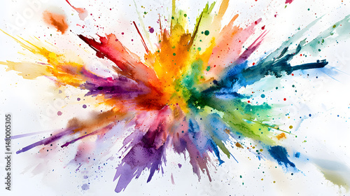 A colorful explosion of paint splatters on a white background
