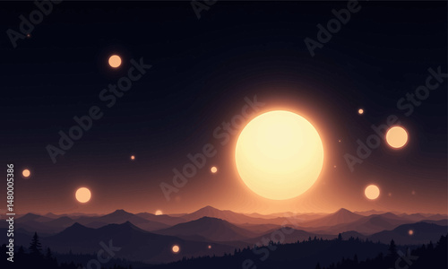 Celestial Mountains at Dawn with Warm Sun and Stars
