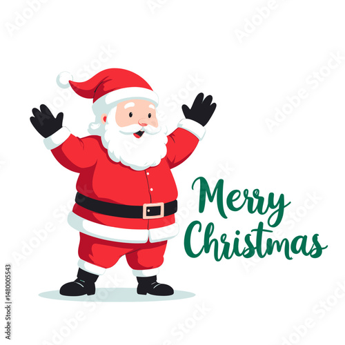 Cheerful Santa Greeting Merry Christmas with Outstretched Arms in Red Suit