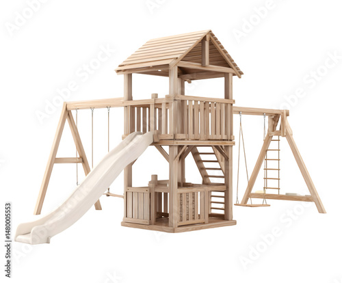 Wooden Childrens Playset with Slide and Swings PNG on Transparent Background