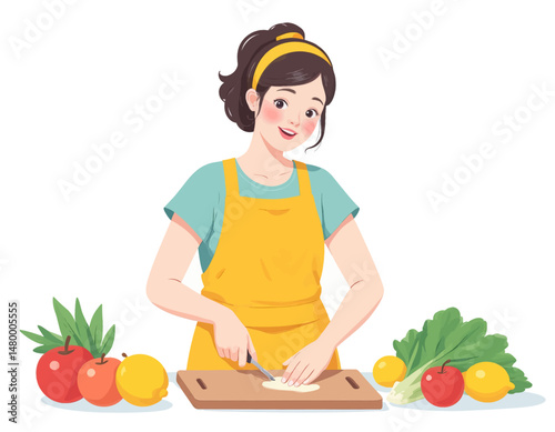 Cheerful Woman Preparing Meal with Fresh Produce in Kitchen