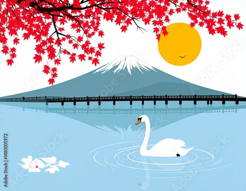 Serene view with a swan in the foreground, mountain silhouette, bright sun, and red foliage above