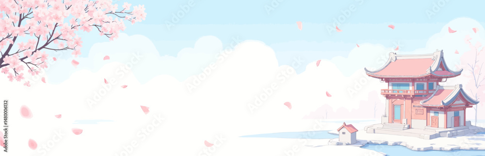 Fototapeta premium Cherry Blossoms Falling Over Traditional Temple in Snowy Landscape