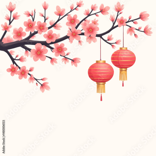 Cherry Blossoms and Red Lanterns in Spring Celebration