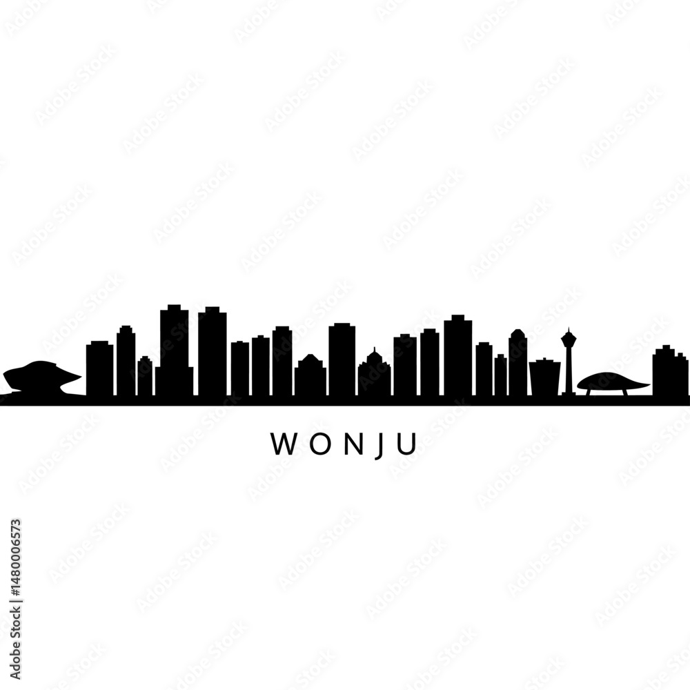 Naklejka premium Wonju city skyline silhouette with Korea, and Black.