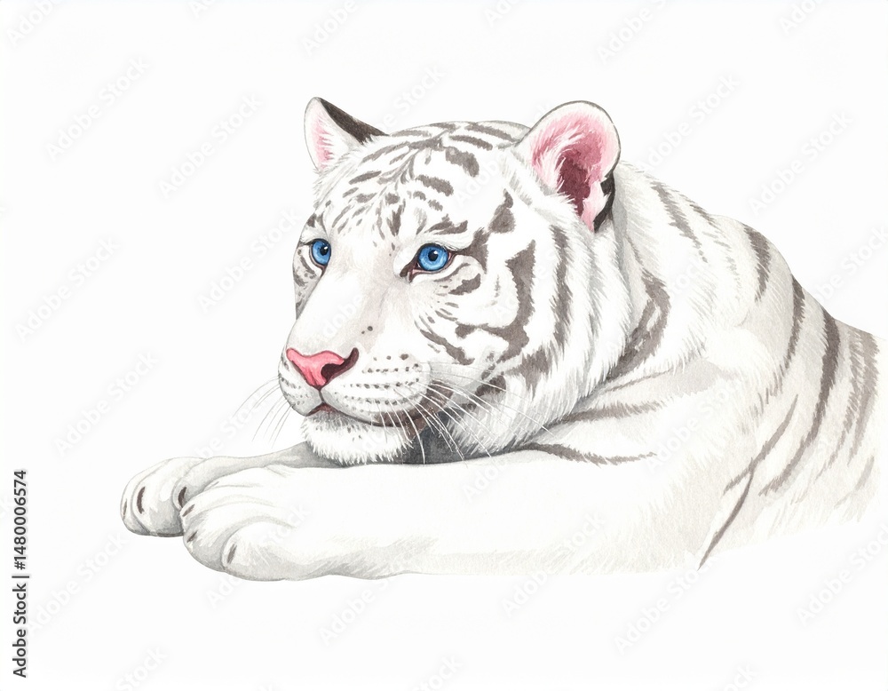 Fototapeta premium A relaxed white tiger with striking blue eyes and a pink nose rests calmly