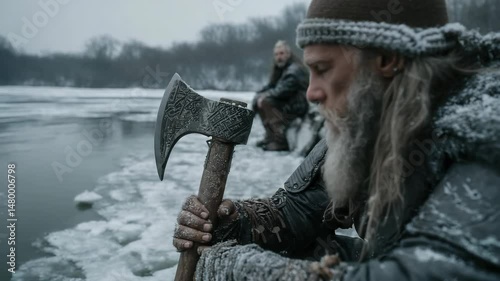 Fierce Viking Warriors Battling Through a Snowy Landscape