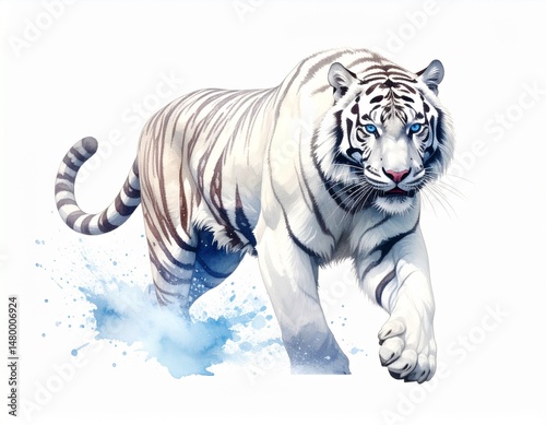 Majestic white tiger strides through water, watercolor style, intense blue eyes, and striped fur