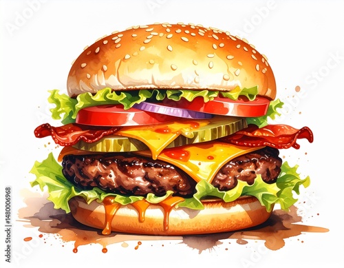Mouthwatering burger with layers of fresh ingredients, juicy patty and sesame seed bun