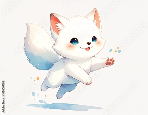 Animated fluffy white fox cub leaps, eyes wide and paws reaching with a happy expression