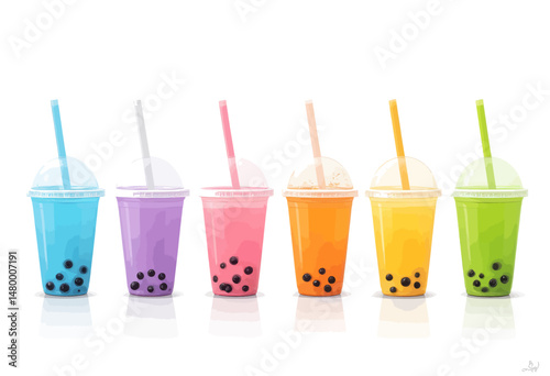 Colorful Boba Tea Cups in Rainbow Hues with Dark Pearls