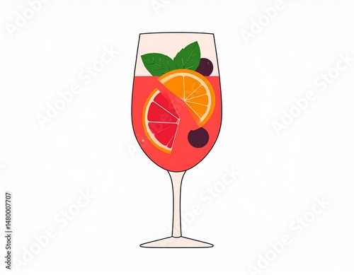 Refreshing cocktail with orange, grapefruit, berries and mint in a stemmed glass