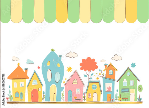 Colorful houses in whimsical neighborhood under striped awning with fluffy clouds