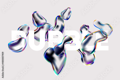 Glass iridescent liquid bubbles on white background. 3D Transparent fluid drops.
