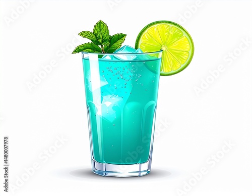Vibrant blue cocktail in glass with ice, lime garnish, & sprig of mint on white
