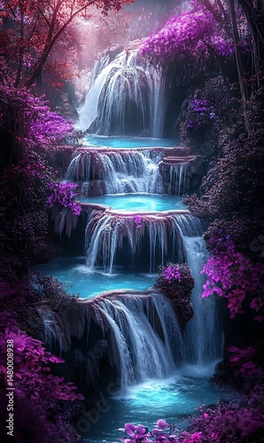 A vibrant waterfall flows through the pink and purple foliage in the forest