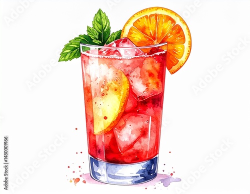 Watercolor drink red liquid with ice, orange slice, and mint garnish in clear glass
