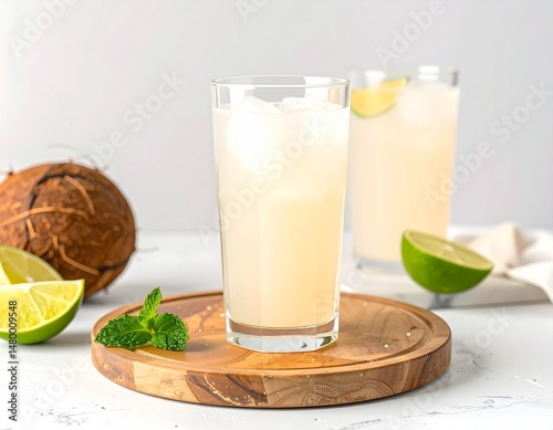 Two tall glasses of a light-colored drink with ice and lime on a wooden board with coconut