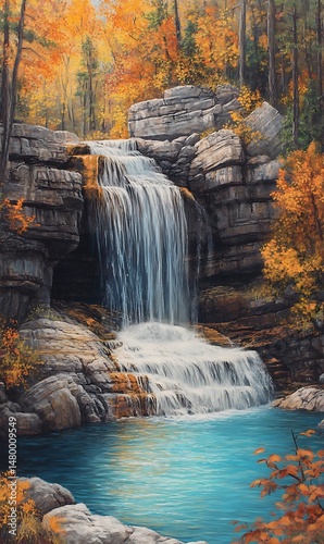 Autumn beauty cascades as waterfall rushes into a pool of clear, turquoise water