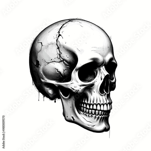 Cracked Skull with Dark Shadows and Dripping Blood