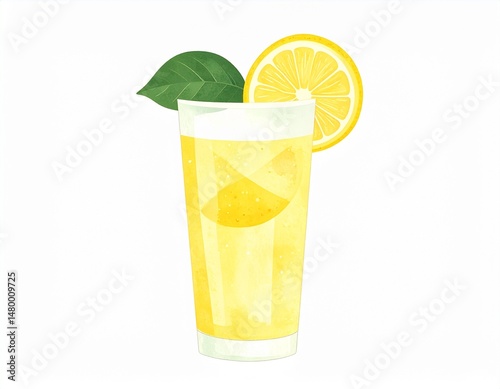 Refreshing drink! Tall glass of yellow liquid, lemon slice, leaf. Simple and delightful