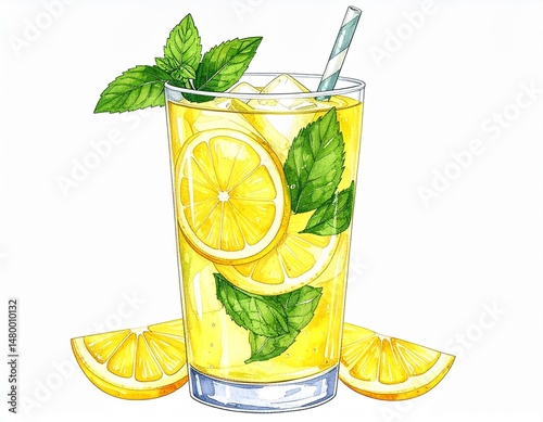 Refreshing lemonade illustration with lemon slices, mint, ice, and a straw