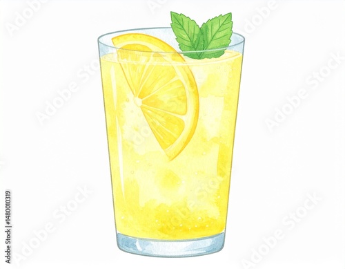 Refreshing lemonade a glass with lemon slice and mint, beautifully watercolor