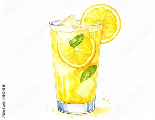 Refreshing lemonade with ice, lemon slices, and mint leaves in a glass