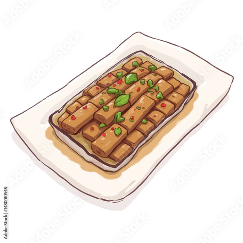 Delicious Tofu Dish with Green Garnish on White Plate