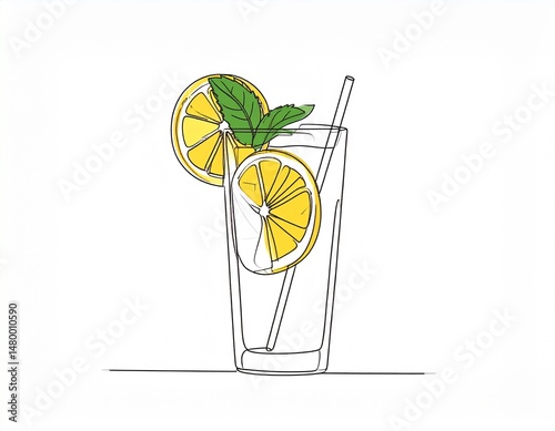 Refreshing drink illustration glass, lemon slices, mint leaves, and straw on a white background