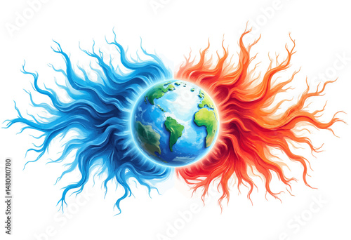 Earth's Climate Balance: Blue and Red Energy Flare, Global Warming Alert, Dynamic Contrast, Serene Earth Centered, Vibrant Sunburst Effects
