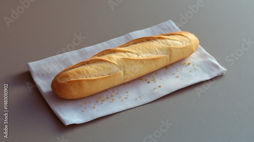A crusty, golden-brown baguette sits atop a white napkin, creating a simple, elegant scene.