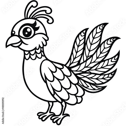 A Beautifully Detailed Cartoon Style Bird With Large Tail Feathers
