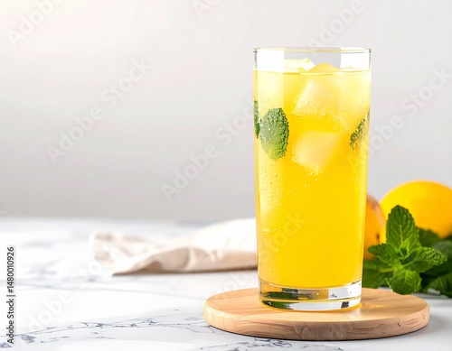 Refreshing tall yellow drink with ice and mint in glass on wooden coaster