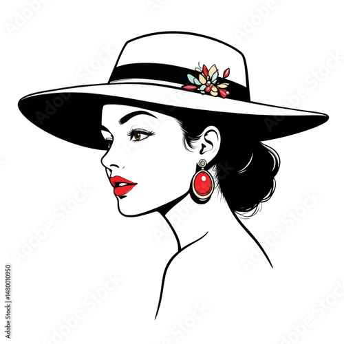 Elegant Lady in Hat with Red Lipstick and Earrings