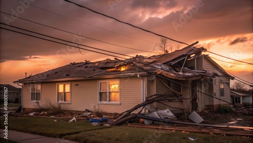 A single-story house with a partially collapsed roof stands against a backdrop of a fiery sunset, a testament to the destructive power of nature.