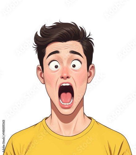 Excited young man in yellow shirt with wide eyes and open mouth