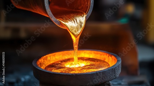 An industrial steel forge glowing with heat, glowing molten metal pouring into a mold, focused lighting on the molten metal, dim factory background 