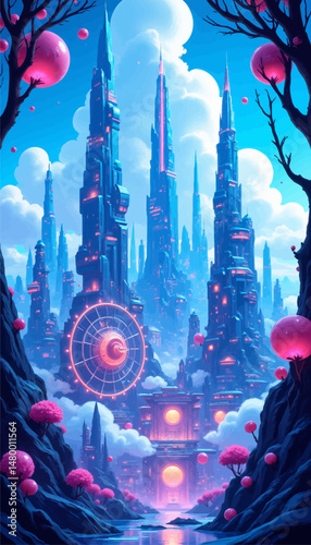 Fantastical Skyline with Floating Orbs and Futuristic Ferris Wheel at Dusk
