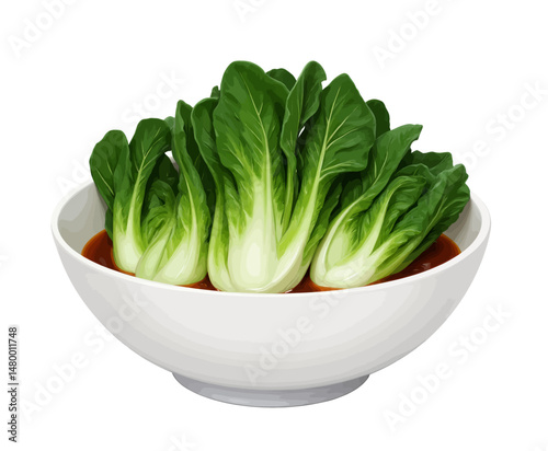 Fresh Bok Choy in Bowl with Sauce, Minimalist Kitchen, Green Leaves, Healthy Meal, Modern Style