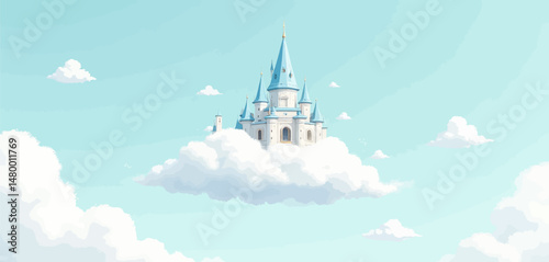 Floating Castle in Clouds, Serene Sky, Dreamy Blue, Whimsical Spires, Ethereal Peace