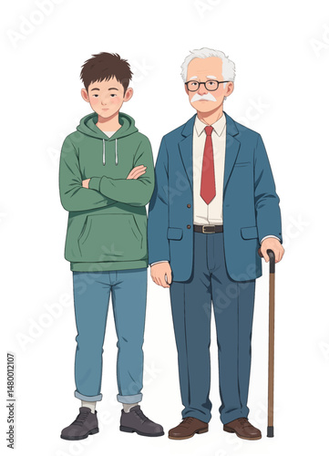 Generational Bonding: Young Teen and Elderly Man with Walking Cane, Casual and Formal Attire, Intergenerational Connection